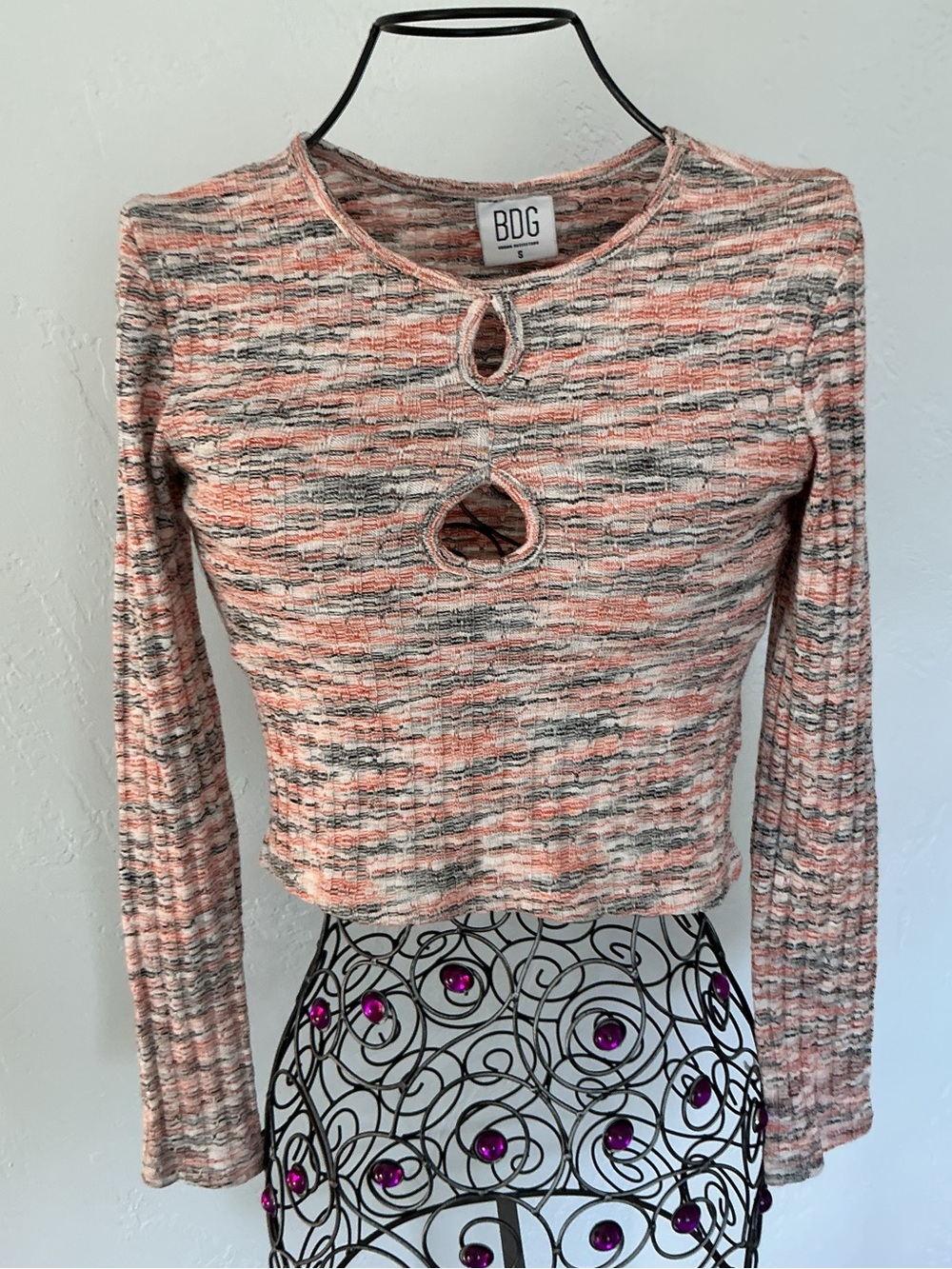 BDG Pink & Gray Multi-Striped Long Sleeve Knit Crop Top